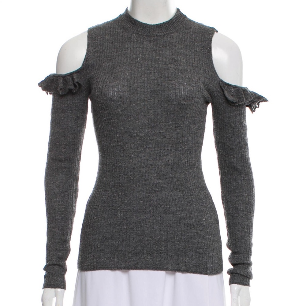 Wool Grey Ribbed Cold Shoulder Top - Picture 2 of 5